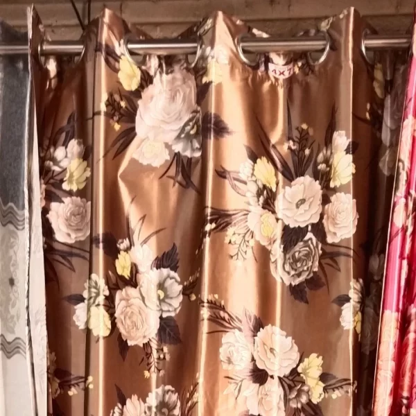 brown curtains with flowery print