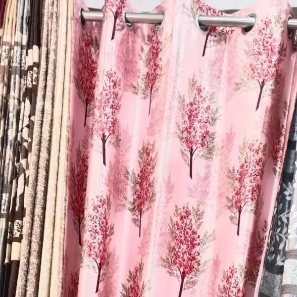 pink curtains with flowery print