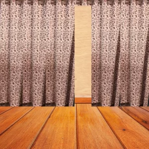 brown curtains with white loops designed on this