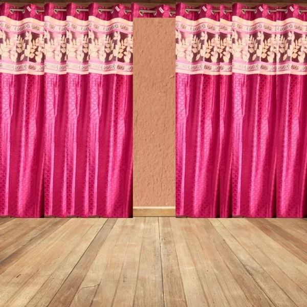 Magnta pink curtains with golden leafy designed border