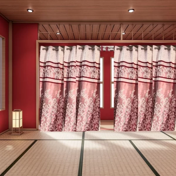 red curtains with leafy print on it having designer look