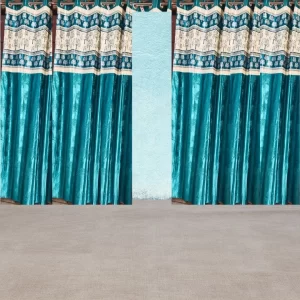 Blue curtains with tree pattern on it