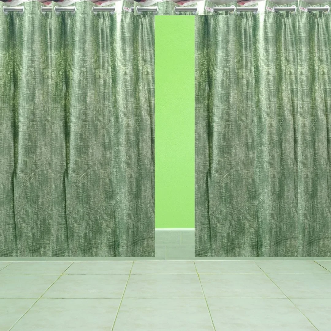 Green plain curtains with floral look