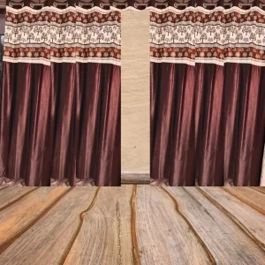 brown curtains with tree printed border