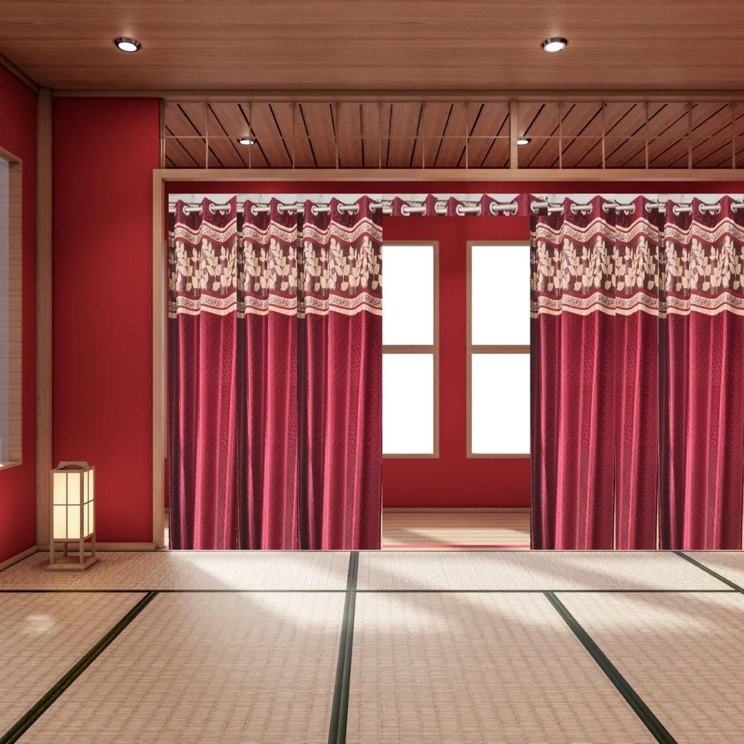 Red curtains with golden leafy border available online and in shop sameera handloom in delhi