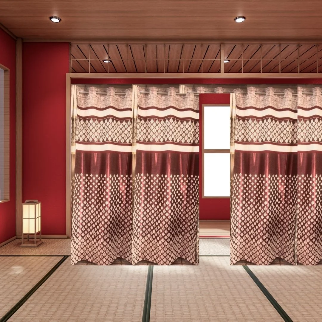 red curtains, jute fabric, with golden shine on this